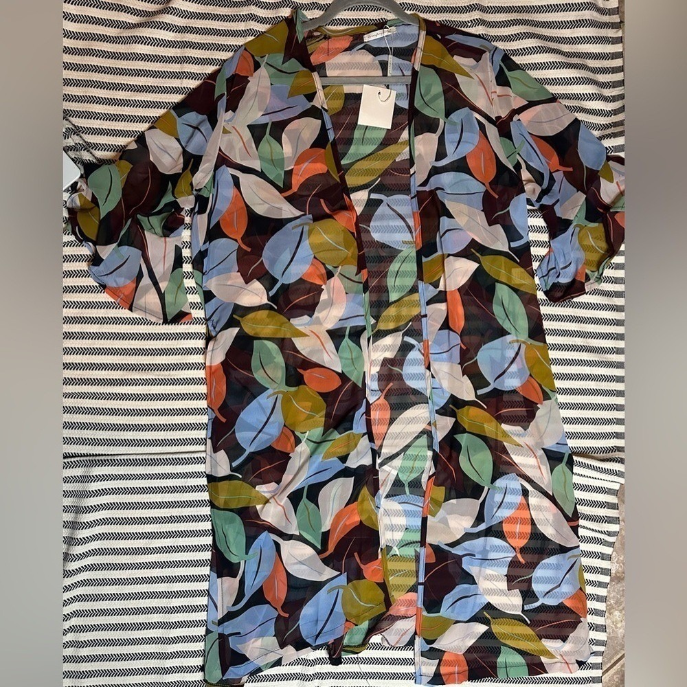 Womens Sheer‎ Kimono Cardigan Leaf Print Open Front Lightweight Flowy